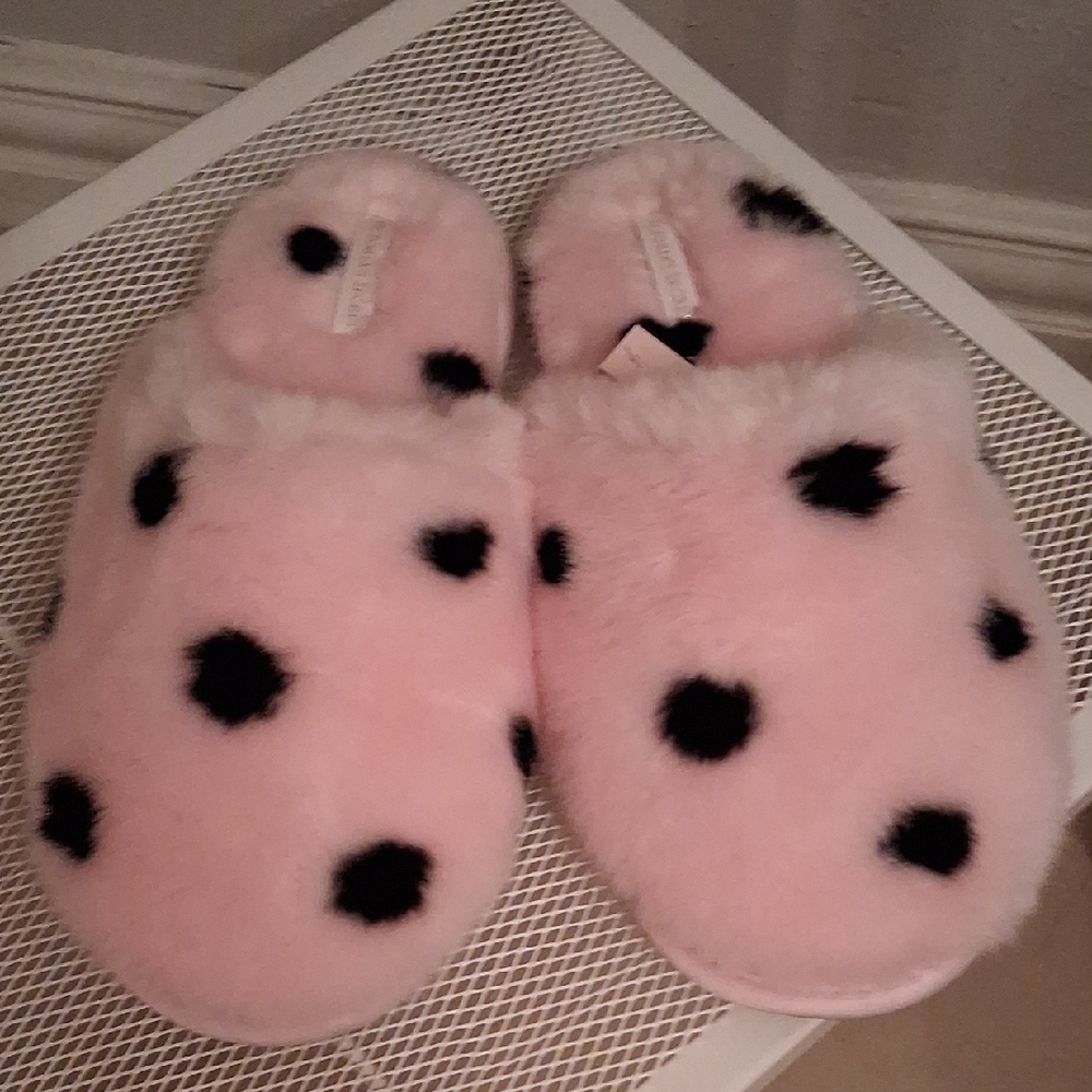 Pink Fuzzy Slippers with Black Polka Dots